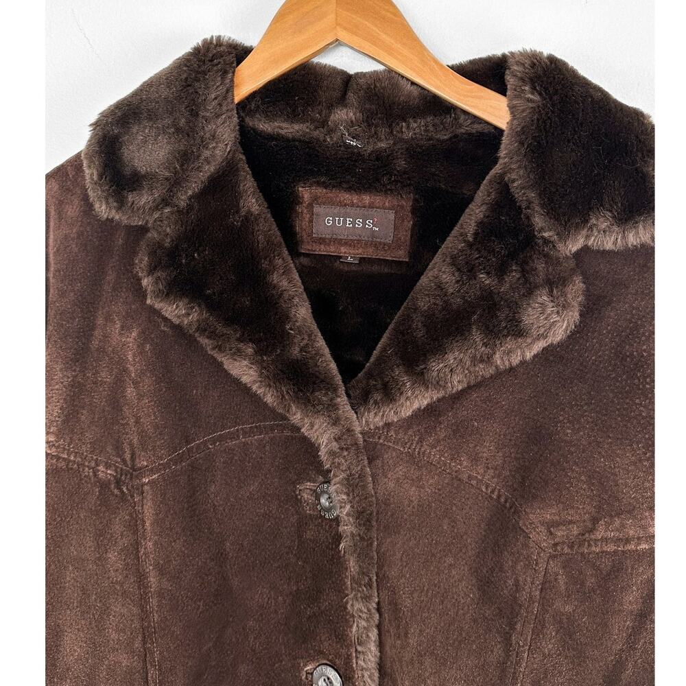 Vintage 90s 00s Guess Chocolate Brown Suede Leather Faux Fur Winter Coat large - Picture 4 of 7